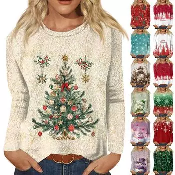 Женская модная повседневная фланелевая футболка с длинным рукавом и круглым вырезом с рождественским принтом S