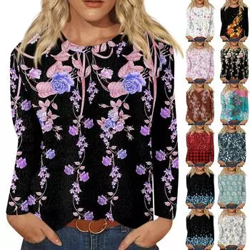 Женская модная повседневная фланелевая футболка с длинным рукавом и круглым вырезом с принтом XL