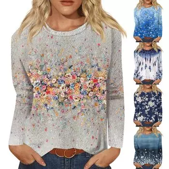 Женская модная повседневная фланелевая футболка с длинным рукавом и круглым вырезом с принтом XXXXXL синий