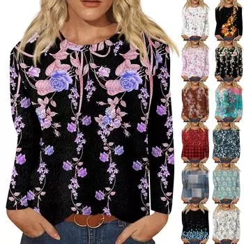 Женская модная повседневная фланелевая футболка с длинным рукавом и круглым вырезом с принтом L чёрный