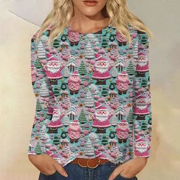 Женская модная повседневная фланелевая футболка с длинными рукавами и рождественским принтом, с круглым вырезом, фланелевый топ L армия зеленый