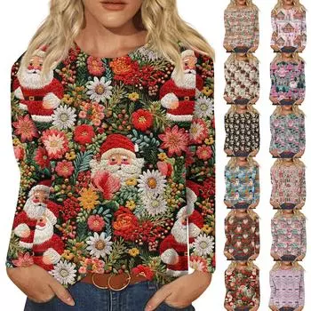 Женская модная повседневная фланелевая футболка с длинными рукавами и рождественским принтом, с круглым вырезом, фланелевый топ XXXXL киноварь