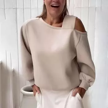 Женская модная повседневная флисовая толстовка с открытыми плечами и длинными рукавами L бежевый