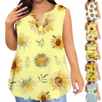Женская модная повседневная футболка без рукавов большого размера с v-образным вырезом и принтом, топ L
