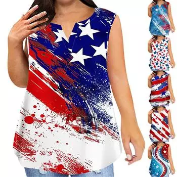 Женская модная повседневная футболка без рукавов большого размера с v-образным вырезом и принтом, топ L синий