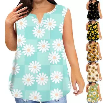 Женская модная повседневная футболка без рукавов большого размера с v-образным вырезом и принтом, топ L