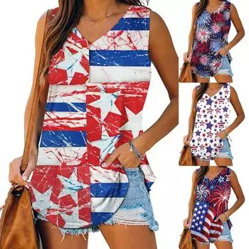 Женская модная повседневная футболка без рукавов с принтом и v-образным вырезом, пуловеры, топы XXL синий