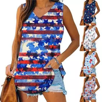 Женская модная повседневная футболка без рукавов с принтом и v-образным вырезом, пуловеры, топы L синий