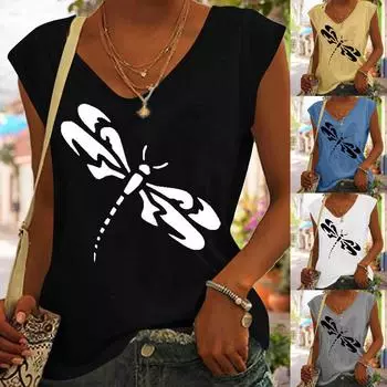 Женская модная повседневная футболка без рукавов с принтом и v-образным вырезом, пуловеры, топы L чёрный