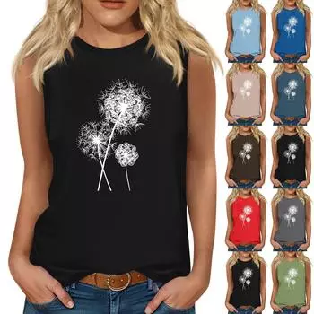 Женская модная повседневная футболка без рукавов с круглым вырезом и принтом