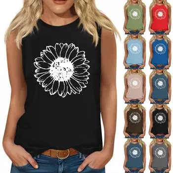 Женская модная повседневная футболка без рукавов с круглым вырезом и принтом XL красный