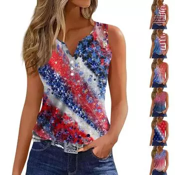 Женская модная повседневная футболка без рукавов с v-образным вырезом и декоративными пуговицами, топ с принтом на День независимости XL