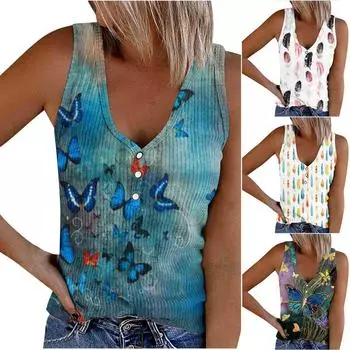 Женская модная повседневная футболка без рукавов с принтом и v-образным вырезом, пуловеры, топы S темно-синий