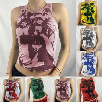 Женская модная повседневная футболка без рукавов с круглым вырезом и принтом чернильной головы L чёрный