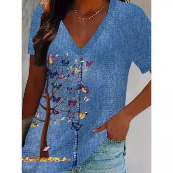 Женская модная повседневная футболка из полиэстера с принтом 3D-бабочки и дерева, V-образным вырезом и короткими рукавами S