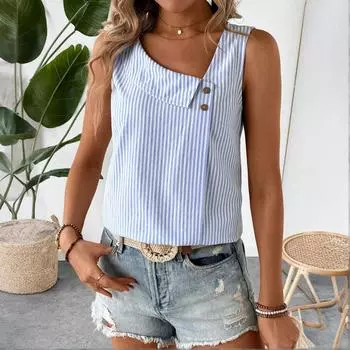 Женская модная повседневная футболка-пуловер с косым вырезом горловины, без рукавов, в полоску XXL синий