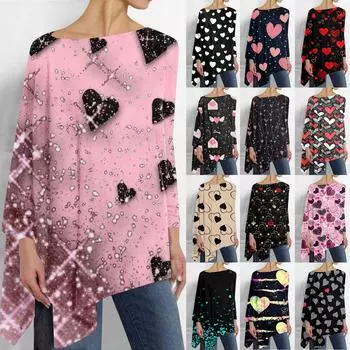 Женская модная повседневная футболка с асимметричным подолом и длинным рукавом с круглым вырезом и принтом L чёрный