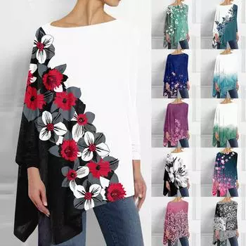 Женская модная повседневная футболка с асимметричным подолом и длинным рукавом с круглым вырезом и принтом M