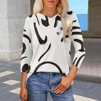 Женская модная повседневная футболка с цветными блоками и принтом в стиле пэчворк, с рукавами-семиточками, V-образным вырезом и застежкой на пуговицы L бежевый