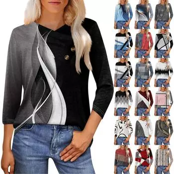 Женская модная повседневная футболка с цветными блоками и принтом в стиле пэчворк, с рукавами-семиточками, V-образным вырезом и застежкой на пуговицы XXL