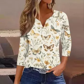 Женская модная повседневная футболка с цветочным принтом, V-образным вырезом, декоративными пуговицами и рукавом три четверти L бежевый