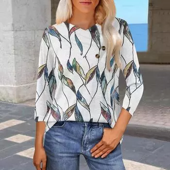 Женская модная повседневная футболка с цветочным принтом, рукавами-семью, V-образным вырезом и застежкой на пуговицы L армия зеленый