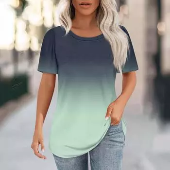 Женская модная повседневная футболка с цветочным принтом и круглым вырезом с коротким рукавом L синий