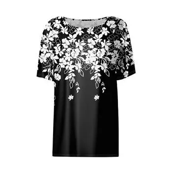 Женская модная повседневная футболка с цветочным принтом и круглым вырезом с коротким рукавом L синий