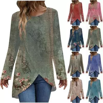 Женская модная повседневная футболка с цветочным принтом и длинным рукавом, круглым вырезом и перекрестным подолом, топ XXL синий