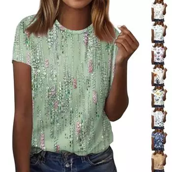 Женская модная повседневная футболка с цветочным принтом и круглым вырезом, топ с короткими рукавами XXL