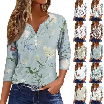 Женская модная повседневная футболка с цветочным принтом, V-образным вырезом, коротким рукавом, декоративными пуговицами и рукавом три четверти L бежевый
