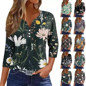 Женская модная повседневная футболка с цветочным принтом, V-образным вырезом, коротким рукавом, декоративными пуговицами и рукавом три четверти L бежевый