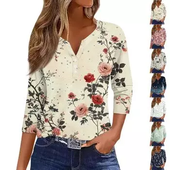Женская модная повседневная футболка с цветочным принтом, V-образным вырезом, декоративными пуговицами и рукавом три четверти L бежевый
