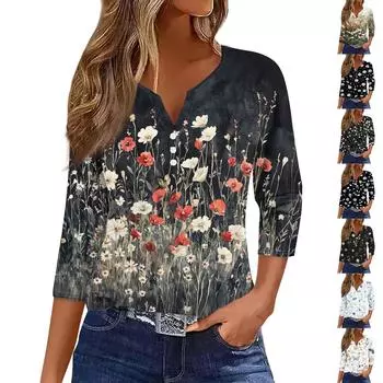Женская модная повседневная футболка с цветочным принтом, V-образным вырезом, декоративными пуговицами и рукавом три четверти L армия зеленый