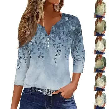 Женская модная повседневная футболка с цветочным принтом, V-образным вырезом, декоративными пуговицами и рукавом три четверти L армия зеленый