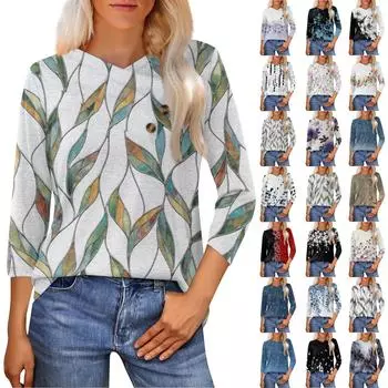 Женская модная повседневная футболка с цветочным принтом, рукавами-семью, V-образным вырезом и застежкой на пуговицы XL