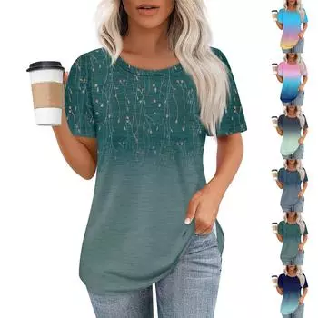 Женская модная повседневная футболка с цветочным принтом и круглым вырезом с коротким рукавом L синий