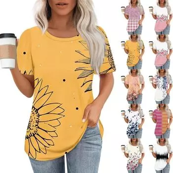 Женская модная повседневная футболка с цветочным принтом и круглым вырезом с коротким рукавом L синий