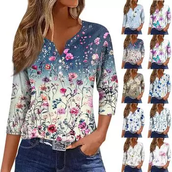 Женская модная повседневная футболка с цветочным принтом, V-образным вырезом, коротким рукавом, декоративными пуговицами и рукавом три четверти L бежевый