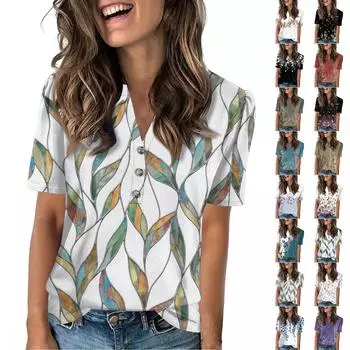 Женская модная повседневная футболка с цветочным принтом, V-образным вырезом, коротким рукавом, на пуговицах L армия зеленый