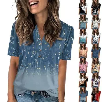 Женская модная повседневная футболка с цветочным принтом, V-образным вырезом, коротким рукавом, на пуговицах L чёрный