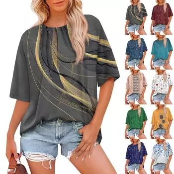 Женская модная повседневная футболка с цветочным принтом, свободная, с круглым вырезом и коротким рукавом S