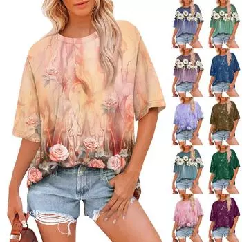 Женская модная повседневная футболка с цветочным принтом, свободная, с круглым вырезом и коротким рукавом XXL оранжевый