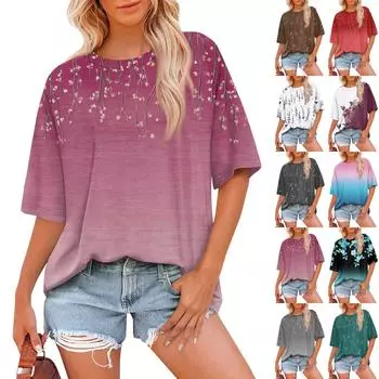 Женская модная повседневная футболка с цветочным принтом, свободная, с круглым вырезом и коротким рукавом S зелёный