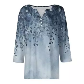 Женская модная повседневная футболка с цветочным принтом, V-образным вырезом, декоративными пуговицами и рукавом три четверти S