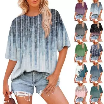 Женская модная повседневная футболка с цветочным принтом, свободная, с круглым вырезом и коротким рукавом XXL