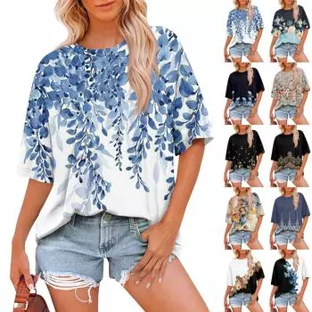 Женская модная повседневная футболка с цветочным принтом, свободная, с круглым вырезом и коротким рукавом XXL тёмно-синий