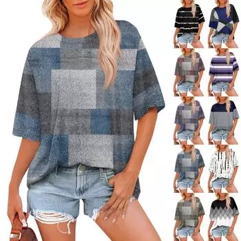 Женская модная повседневная футболка с цветочным принтом, свободная, с круглым вырезом и коротким рукавом XXL синий