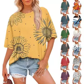 Женская модная повседневная футболка с цветочным принтом, свободная, с круглым вырезом и коротким рукавом M чёрный