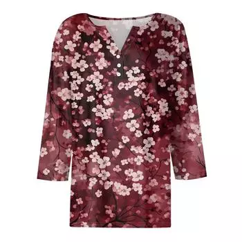 Женская модная повседневная футболка с цветочным принтом, V-образным вырезом, декоративными пуговицами и рукавом три четверти S